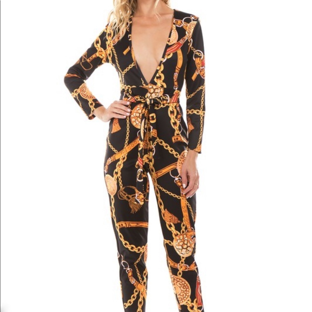 Black Gold Chain Print Jumpsuit Jumper Outfit - Picture 3 of 6